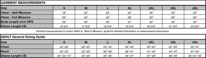 Pacific Grass Tee Sizing Chart